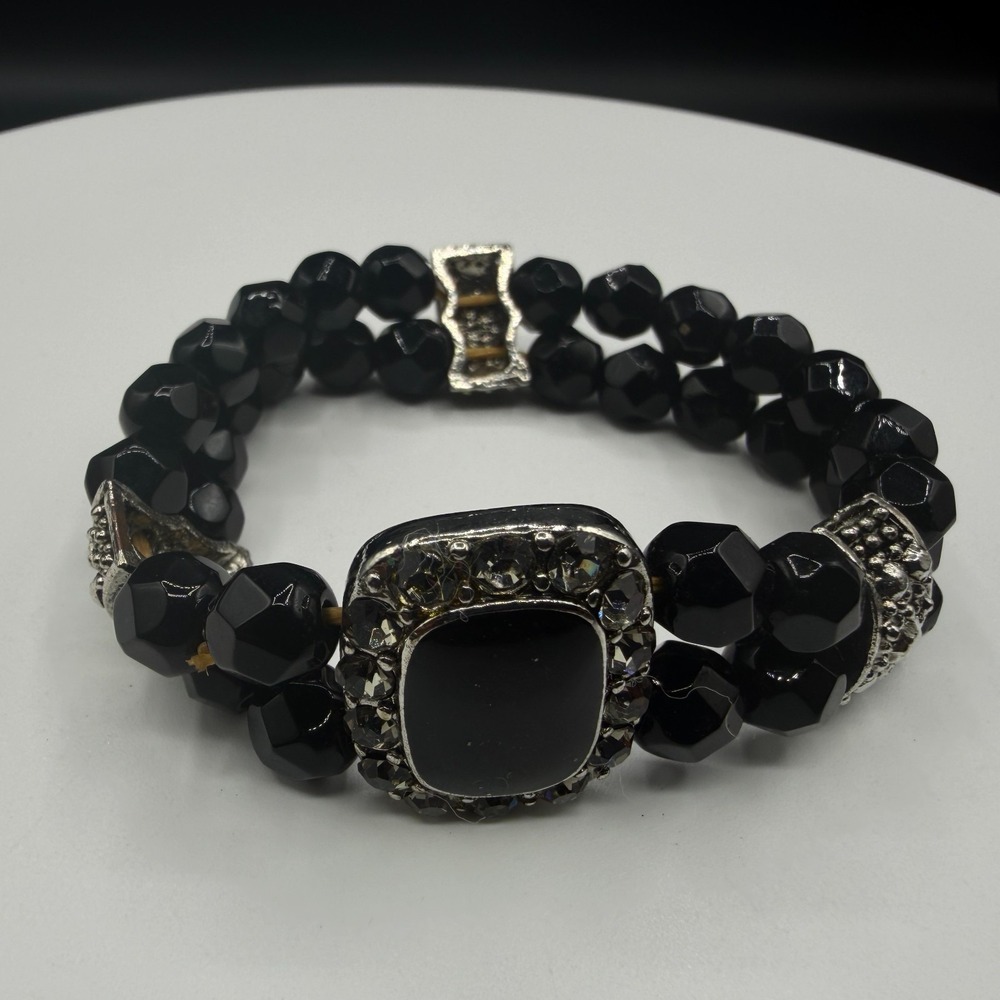 Black Faceted Bead Stretch Bracelet Rhinestone Accent Gothic Statement Gift